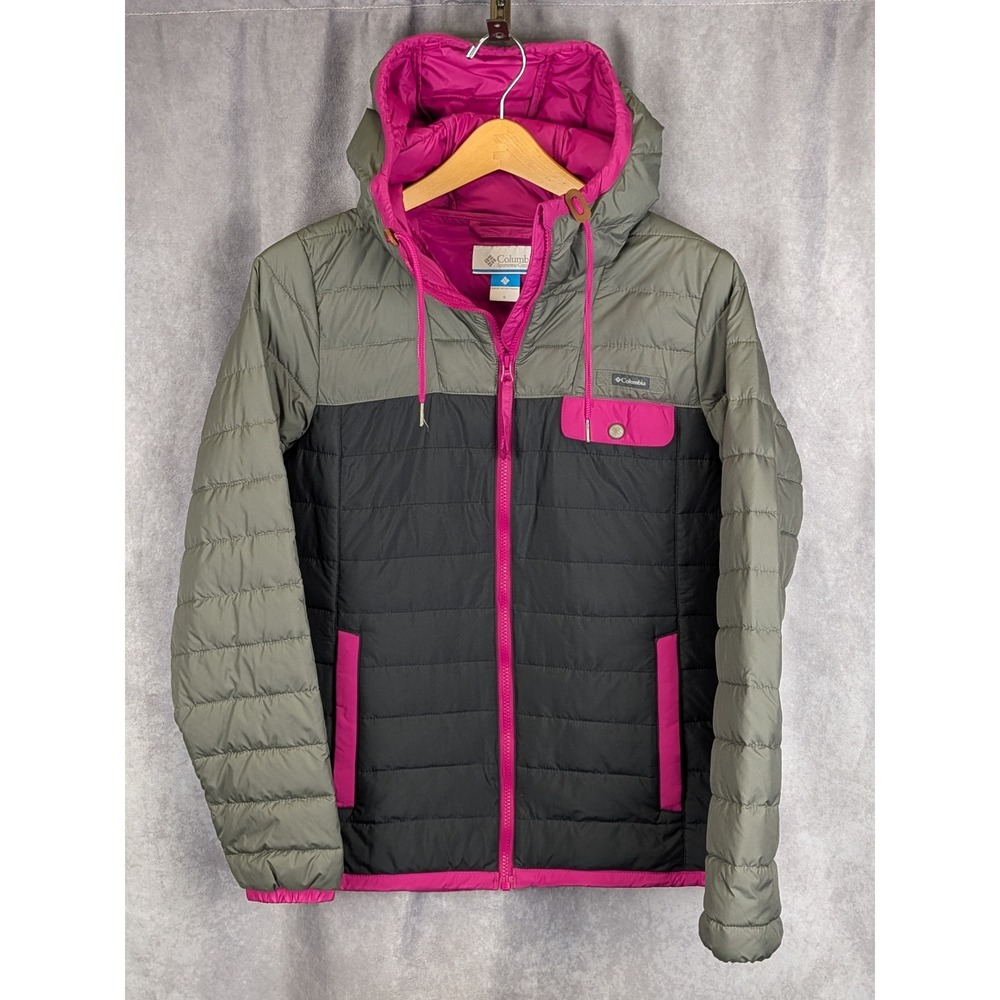 Columbia Womens Colorblock Puffer Jacket Gray Black Pink Hooded Insulated Small